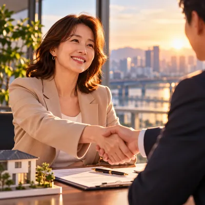 사무실에서 서류를 사이에 두고 악수하는 두 사람