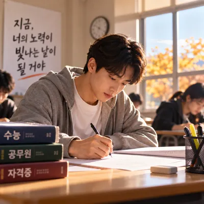 책이 쌓인 책상에서 공부하는 사람