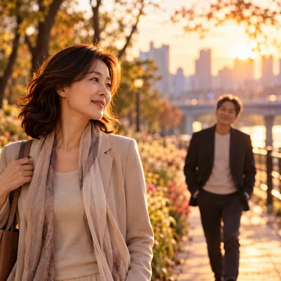 노을 지는 거리에서 스쳐 지나는 두 사람