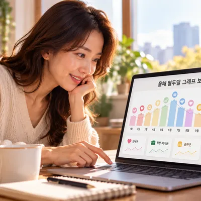 노트북 화면의 열두 달 그래프를 보는 사람