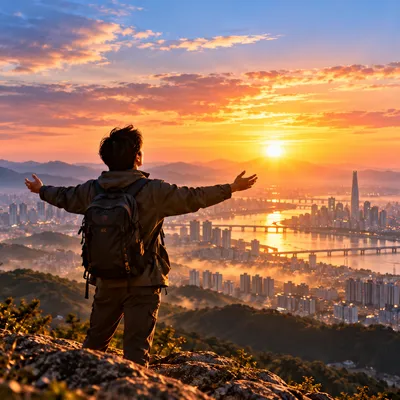 해 지는 강과 도시를 향해 두 팔을 벌리고 선 사람