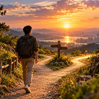노을 속 갈림길 이정표 앞을 걸어가는 사람